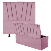 Kit Cabeceira Estofada e Calçadeira Baú Recamier Bélgica 90cm Solteiro Suede Rosa Bebê - Ahazzo Móveis