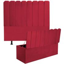 Kit Cabeceira Estofada e Calçadeira Baú Recamier Dallas 160cm Queen Size Sintético Vermelho - Ahazzo Móveis