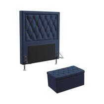 Kit Cabeceira Estofada Para Cama Box Centaurus 90 Para Cama Solteiro e Calçadeira Sagitarius Sued Azul Marinho Aradecor