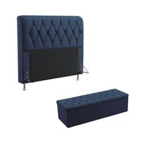 Kit Cabeceira Estofada Para Cama Box Sirius 195 Para Cama King e Calçadeira Sagitarius Sued Azul Marinho Aradecor