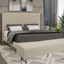 Kit Cabeceira Linear E Puff Versatto Com Pés em Aço Carbono 1,95 King Linho Bege Confortável Larbelle Móveis