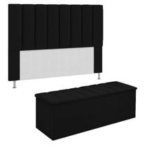 KIT Cabeceira Mais Calçadeira com bau eros Casal 140 cm Para Cama Box Suede Preto Biselos-Decor