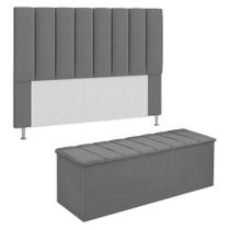 KIT Cabeceira Mais Calçadeira com bau eros Casal 1,95 cm Para Cama Box Suede cinza Dalaqua-Decor