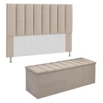 Kit Cabeceira mais Calçadeira com Baú EROS Queen 160cm Para Cama Box Suede Bege Biselo's-Decor