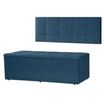 Kit Cabeceira Painel e Calçadeira Baú Casal 1,40m Roma Suede Azul Marinho SKY MOBILE