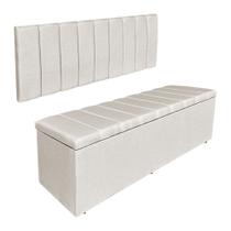 Kit Cabeceira Painel e Calçadeira Baú Casal Queen 1,60m Londres Linho Bege Dal Poz Estofados