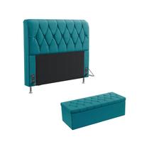 Kit Cabeceira Sirius 140 Para Cama De Casal e Calçadeira Sagitarius Sued Azul Turquesa Aradecor