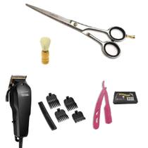 Kit Cabeleireiro Maquina + Tesoura 6P +Navalha Rosa +Pincel - Multilaser