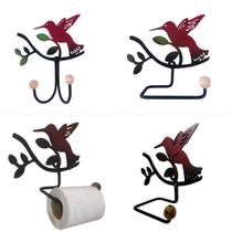 Kit Cabide Porta Toalha E Papel Higiênico Beija-flor Ferro