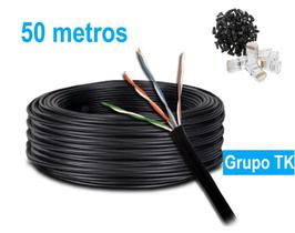 Kit Cabo de Rede CFTV preto 50 metros + 6un Conector RJ45 macho + 6un Capa preta