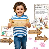 Kit Caça ao Tesouro de Páscoa Infantil 32 Itens: Pistas + Mapa + Pegadas + Certificado + Pasta Temática