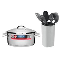 Kit Caçarola Aço Inox Solar 4,7 Litros Pit 1 + Jogo de Utensílios 6 Peças Verano Ônix - Tramontina Kit Caçarola Aço Inox Solar 4,7 Litros Pit 1 + Jogo de Utensílios 6 Peças Verano Ônix - Tramontina