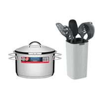 Kit Caçarola Aço Inox Solar 6,1 Litros Pit 2 + Jogo de Utensílios 6 Peças Verano Ônix - Tramontina Kit Caçarola Aço Inox Solar 6,1 Litros Pit 2 + Jogo de Utensílios 6 Peças Verano Ônix - Tramontina