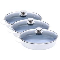Kit Caçarola Baixa Hercules Indução Antiaderente Ceramico Tampa de Vidro Redonda Branca 30cm 3,5L + 3,5L + 3,5L
