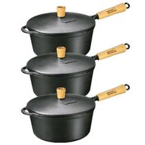 Kit Caçarolas De Ferro Tampa Ferro Cabo Madeira 19,21 E 25cm Kit Caçarolas De Ferro Tampa Ferro Cabo Madeira 19,21 E 25cm
