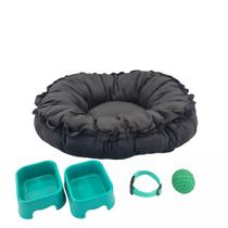 Kit Cachorro Gato Cama Caminha Flor Abre/Fecha Coleira Brinquedo Comedor Médio