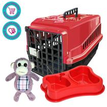 Kit cachorro pet caixa transp vermelho + comedouro duplo + pelucia 3 itens