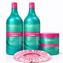 Kit Cachos Shampoo 1L Condicionador 1L Máscara com Touca Kit Cachos Shampoo 1L Condicionador 1L Máscara com Touca