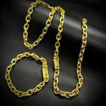 Kit Cadeado 8mm Corrente + Pulseira Banhado a Ouro 18K