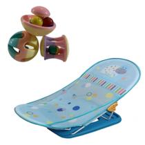 Kit Cadeira Banheira Bebê Dobrável Azul +Chocalho Interativo