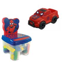 kit Cadeira Cadeirinha Toy Blocos 24 Peças + Carrinho Pickup Homem Aranha e Batman
