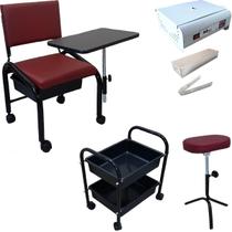Kit Cadeira Cirandinha + Apoio de Pé Tripé + Carrinho Auxiliar Salão Beleza Manicure Estética 2 Bdj + Estufa Esterilizadora Mini Colors Odontécnica