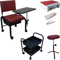 Kit Cadeira Cirandinha + Apoio de Pé Tripé + Carrinho Auxiliar Salão Beleza Manicure Estética 2 Bdj + Estufa Esterilizadora Mini Colors Odontécnica
