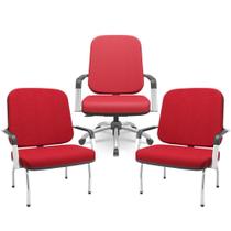 Kit Cadeira de Escritório Giratória e 2 Cadeiras Fixas Cromada Magno P03 Crepe Vermelho - Lyam Decor Kit Cadeira de Escritório Giratória e 2 Cadeiras Fixas Cromada Magno P03 Crepe Vermelho - Lyam Decor