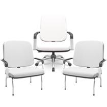 Kit Cadeira De Escritório Giratória E 2 Cadeiras Fixas Cromada Magno P03 Vinil Branco - Lyam Decor Kit Cadeira De Escritório Giratória E 2 Cadeiras Fixas Cromada Magno P03 Vinil Branco - Lyam Decor