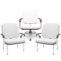 Kit Cadeira de Escritório Giratória e 2 Cadeiras Fixas Cromada Magno P03 Vinil Branco - Lyam Decor Kit Cadeira de Escritório Giratória e 2 Cadeiras Fixas Cromada Magno P03 Vinil Branco - Lyam Decor