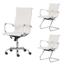 Kit Cadeira de Escritório Presidente Stripes + 2 Cadeiras Interlocutor Fixa Branca Office