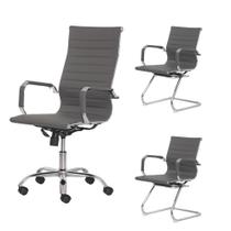 Kit Cadeira de Escritório Presidente Stripes + 2 Cadeiras Interlocutor Fixa Cinza Office Waw Design