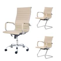Kit Cadeira De Escritório Presidente Stripes + 2 Cadeiras Interlocutor Fixa Nude Office