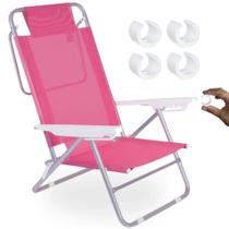 Kit Cadeira de Praia 6 Posicoes Aluminio Summer Rosa + Protetor para o Pe da Cadeira Redondo Branco Evita Riscos Mor