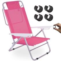 Kit Cadeira de Praia 6 Posicoes Aluminio Summer Rosa + Protetor para o Pe da Cadeira Redondo Evita Riscos Mor