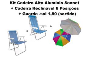 Kit Cadeira de Praia alta Azul+Cadeira Reclinável Azul+Guarda Sol 1,80 Sortido