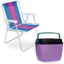 Kit Cadeira de Praia Aluminio Colorida + Caixa Termica Cooler 26 L Roxa e Verde Mor