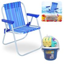 Kit Cadeira de Praia Infantil Azul Bel + Baldinho de Praia com 8 Pecas em Cores Sortidas