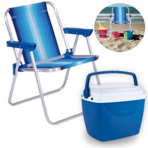 Kit Cadeira de Praia Infantil Azul + Caixa Termica Azul Pequena 6 L para Passeios Parque Piquenique Mor