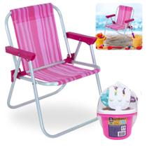 Kit Cadeira de Praia Infantil Rosa Bel + Baldinho de Praia com 8 Pecas em Cores Sortidas