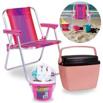 Kit Cadeira de Praia Infantil Rosa + Caixa Termica 6 Litros Rosa + Baldinho de Praia com 8 Pecas