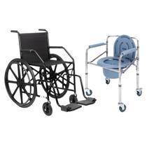 Kit Cadeira de Rodas Simples Dobrável Mais Cadeira de Banho Com Comadre Kit Cadeira de Rodas Simples Dobrável Mais Cadeira de Banho Com Comadre