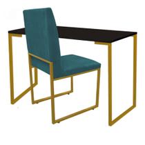 Kit Cadeira e Mesa Escrivaninha Escritório Office Stan Industrial Ferro Dourado Suede Azul Turquesa - Ahazzo Móveis