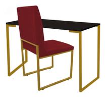 Kit Cadeira e Mesa Escrivaninha Escritório Office Stan Industrial Ferro Dourado Suede Vermelho - Ahazzo Móveis