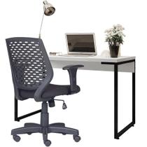 Kit Cadeira Escritório Tech Corano e Mesa Escrivaninha Industrial Soft Branco Fosco - Lyam Decor