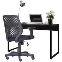 Kit Cadeira Escritório Tech Crepe e Mesa Escrivaninha Industrial Soft Preto Fosco - Lyam Decor