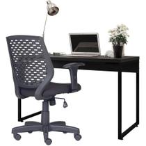 Kit Cadeira Escritório Tech Tecido Sintético e Mesa Escrivaninha Industrial Soft Preto Fosco - Lyam Decor