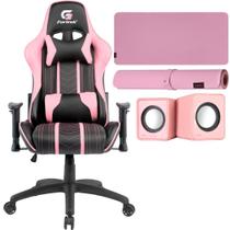 Kit Cadeira Gamer Encosto Reclinável Alto Conforto Ergonômica Apoio Lombar + Mousepad Alta Precisão Speed Rosa e Caixa de Som USB