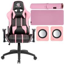 Kit Cadeira Gamer Ergonômica Encosto Ajustável Até 155 Graus Almofada Lombar e Pescoço + Caixa de Som USB e Mousepad Speed Alta Precisão