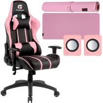 Kit Cadeira Gamer Fortrek Encosto Reclinável Até 155 Graus Almofada Ergonômica Lombar e Pescoço Rosa + Caixa de Som e Mousepad Speed Cor Rosa